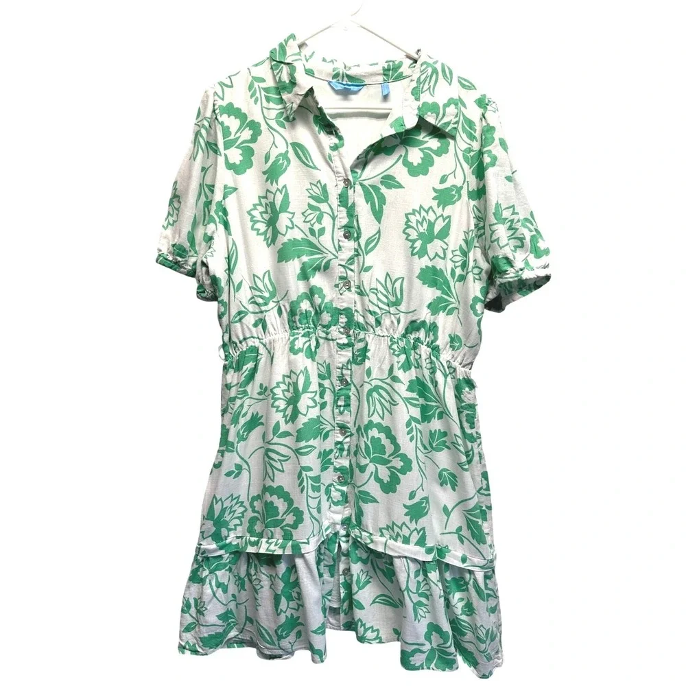 Draper James RSVP Green White Floral Puff Sleeve Shirt‎ Dress No Belt